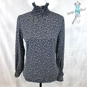 Long lantern sleeve blue and ivory frill trim high neck blouse top size XS